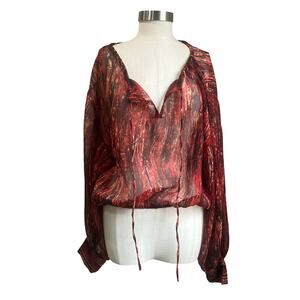 Arden B Y2K Clubwear‎ Sheer Tie Front Top Abstract Print Long Sleeve NWT Size L